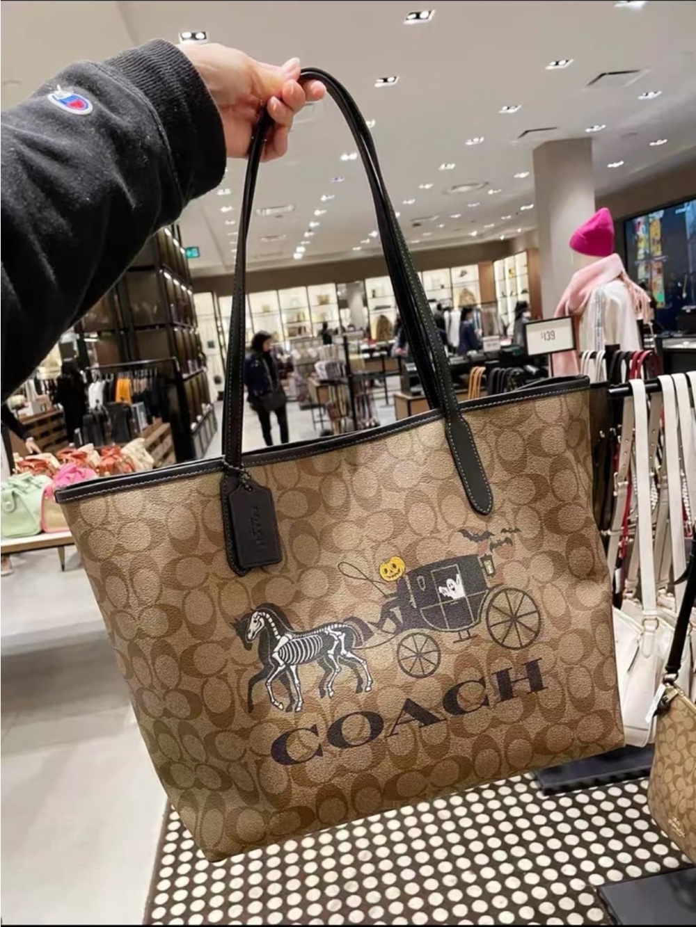 Coach Halloween Skeleton Horse Carriage Signature Canvas Large Tote Bag